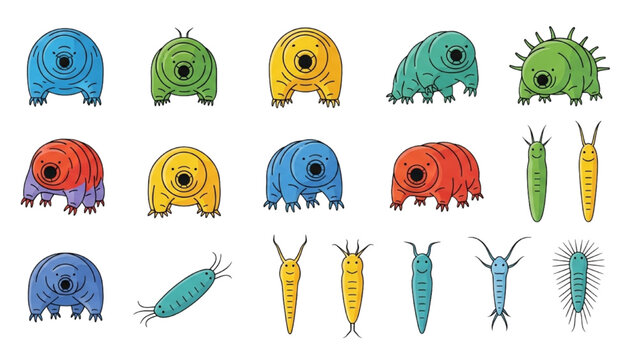 Tardigrade Vector Icon Sheet with Cute Colorful Water Bears Rotifers Micro Animals Moss Piglet Biology Science Graphics Isolated Flat Icons Set