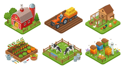 Naklejka premium Farm Life and Agriculture Elements Isometric Vector Illustration Set