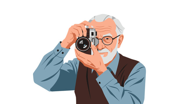 An illustration of an elderly man with a white beard and glasses, holding a vintage camera and looking through the viewfinder, ready to take a photograph.