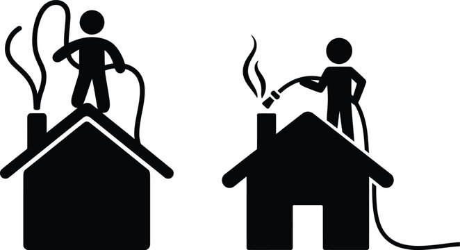 Two people putting out chimney fires with hoses