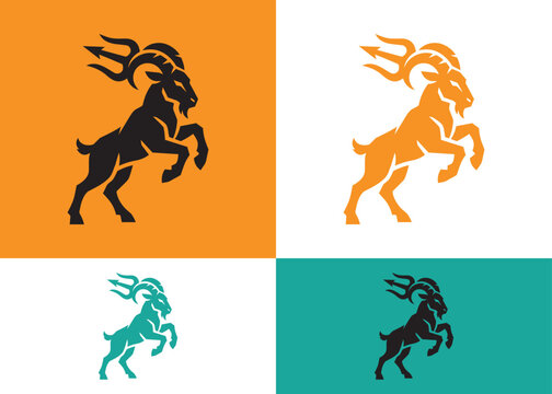Stylized goat silhouette with trident horns on colorful backgrounds, powerful emblem.