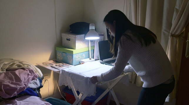 Beginner entrepreneur setting up a tiny home workspace in a bedroom with folding table storage boxes lamp and laptop realistic documentary mood