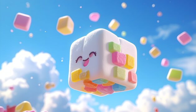 Cute, smiling marshmallow cube floating amidst colorful sugary squares in the sky