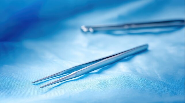 Set of Sterilized Surgical Micro Forceps Resting on a Sterile Blue Surface for Medical Procedures