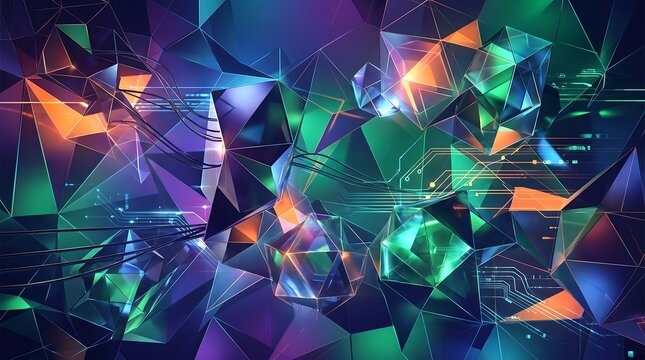 Vibrant abstract geometric background with glowing polygonal shapes and crystalline structures in a futuristic digital art style.