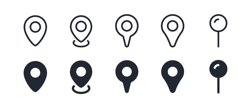 Map pin outline editable stroke and solid icons vector illustration. Place marker, gps, coordinate, pointer arrow shape pictogram.