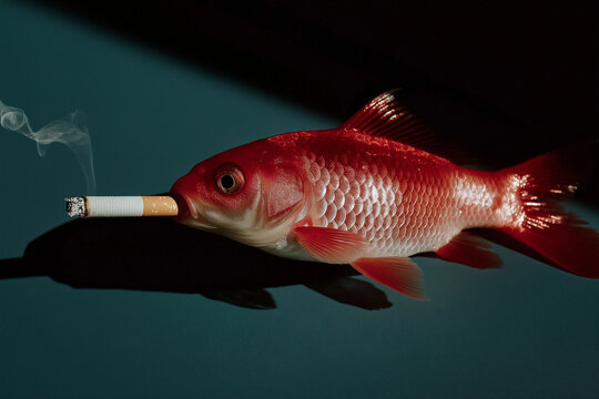 Red goldfish holds a burning cigarette in its mouth against a teal studio background with dramatic shadow. Surreal anti-smoking concept for advertising, editorial, health campaigns and social media.