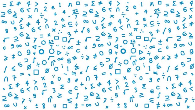 Seamless pattern vector of hand drawn blue math and science symbols, numbers, and equations isolated on white background.