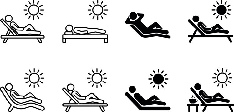 Sunbathing and Beach Relaxation Icon Set with Lounge Chair Summer Vacation and Tropical Leisure Vector Illustrations