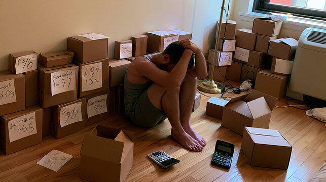 Tired entrepreneur sits on the floor in a small apartment for an inventory count with stacked product boxes, handwritten labels, and a calculator in realistic documentary style