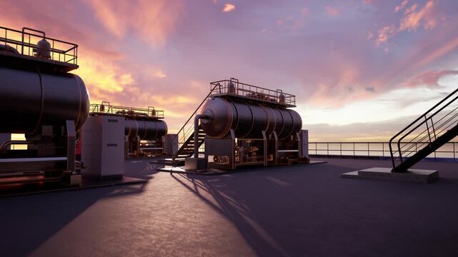 Massive cylindrical industrial pressure tanks and steam generators at an oil and gas facility under a vivid sunset sky. Perfect for energy, power plant, refinery, and heavy industry content.