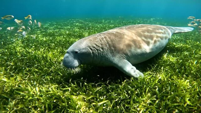 Gentle Dugong Grazes in Sunlit Seagrass Meadow