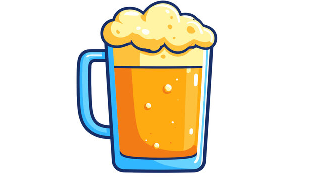 Illustration vectorielle de chope de bi&egrave;re blonde avec mousse onctueuse et anse bleue sur fond transparent