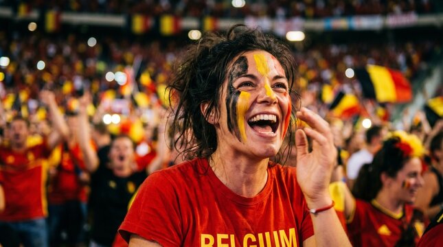 Passionate Belgian Football Fan Cheering with National Flag Face Paint at International Soccer Championship Stadium