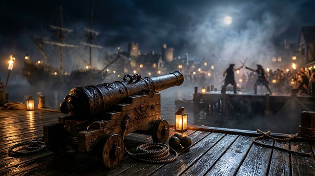 A historic cannon sits on a wooden dock under a moonlit night with people in the background.