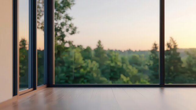 Hyperreal 3D villa in forest setting, smart glass walls, open concept design, modern retreat building, digital render