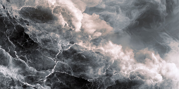 Abstract motion of blue water flowing over dark rocks into a stormy sea under a night sky with clouds and moon light