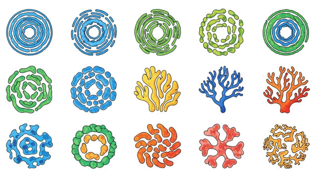 Extremophile Vector Icon Sheet with Colorful Archaea Bacteria Extreme Environments Thermal Pool Acid Mine Microbiology Science Graphics Isolated Icons Set