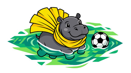 Obraz premium Cute Hippo Mascot Playing Soccer with Colorful Fan Background Pet in the 2026 soccer world championship