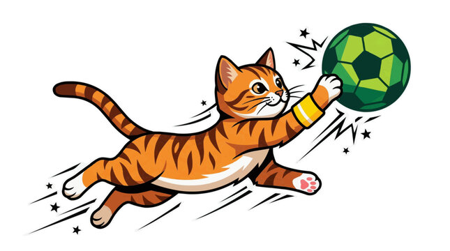 Cute Orange Tabby Cat Playing Soccer with Green Ball. Brazil and brazilian team in the 2026 soccer world championship 
