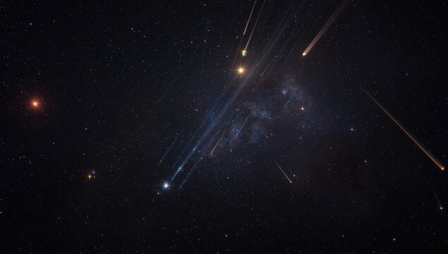 Apocalyptic space with dazzling meteor rain and comets blazing across the sky
