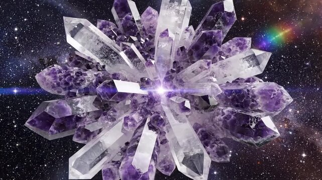 Intricate cluster of vibrant amethyst and clear quartz crystals bursts forth with cosmic energy, bathed in a dazzling spectral flare, evoking themes of geode formation, natural wonder