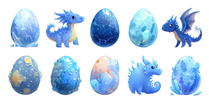 Collection d'&oelig;ufs de dragon bleus enchant&eacute;s et b&eacute;b&eacute;s dragons avec &eacute;l&eacute;ments de cristal et glace