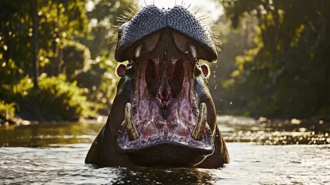 Hippopotamus Opens Massive Jaws Underwater