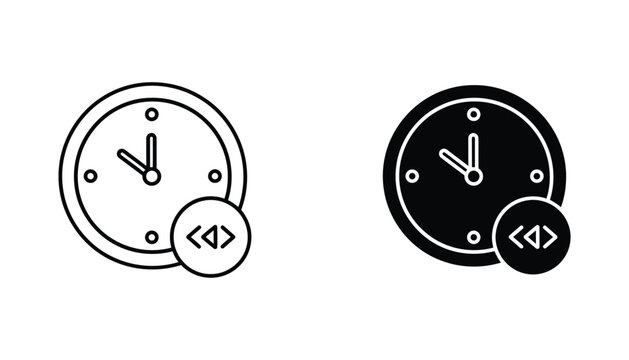 Clock icon with code brackets symbol representing time management and programming efficiency in black outline and solid styles