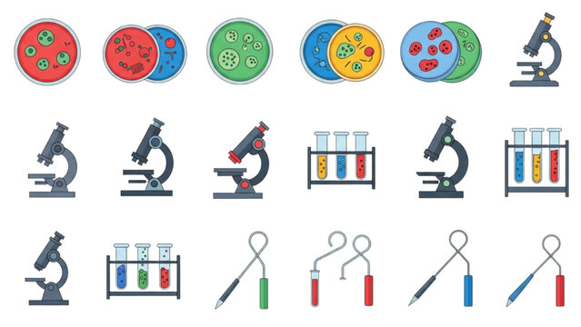 Microbiology Lab Equipment Vector Icon Sheet with Colorful Petri Dishes Microscopes Test Tubes Inoculating Loops Science Graphics Isolated Icons Set