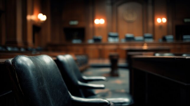 Empty courtroom interior seats and table