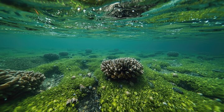 Aquatic river floor scene showcasing bright green algae and multiple mussel mollusks on white backdrop