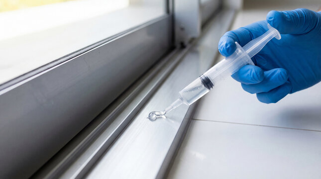 Exterminator applying gel pesticide from syringe onto window frame. Professional pest control service inspecting house against insect infestation. Chemical treatment for home disinfection.