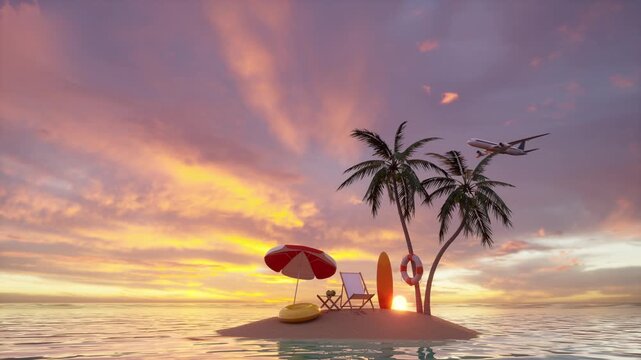 Idyllic tiny tropical island with palm tree, red beach umbrella, beach chair, and surfboard at a glowing sunset over calm ocean water. Perfect for summer, vacation, travel, and holiday content.