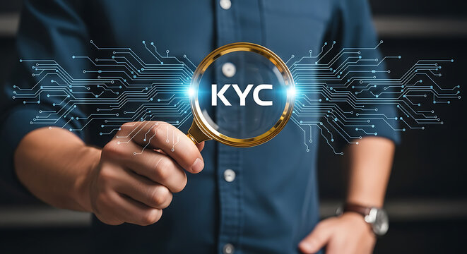 Hand holding magnifying glass over KYC verification hologram with digital network background