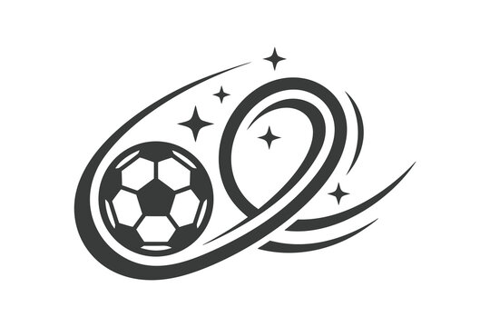 Dynamic Soccer Ball Logo Template, Black and White Flying Football Vector Graphic with Sparkle Stars and Orbit Loops for Sports Branding