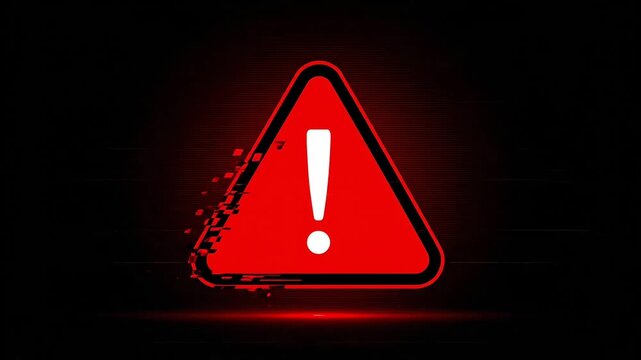 Dynamic digital glitching red warning triangle with bold white exclamation mark breaking apart in
