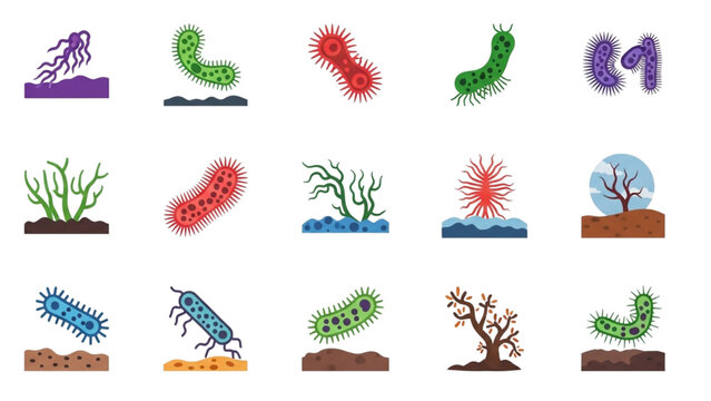 Microbe Habitats Vector Icon Sheet with Colorful Microorganisms in Soil Water Human Body Environments Biology Science Graphics Isolated Flat Icons Set