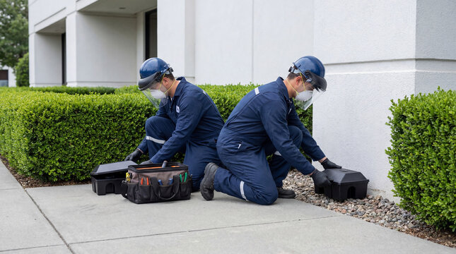 Exterminators wearing protective gear placing bait station near building wall. Professional pest control service for rodent and insect management. Prevention of infestation and sanitation.