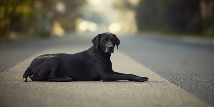 Black canine with glossy coat resting along the roadside pavement
