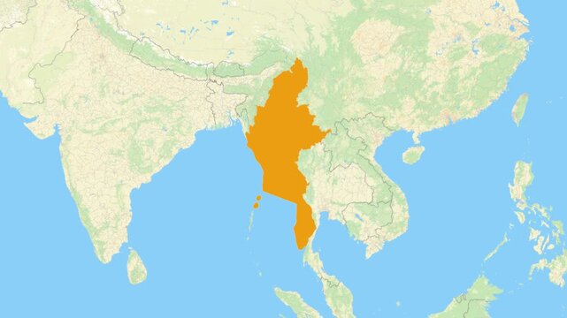Zoom in on a Country from a Stylised World Map Myanmar