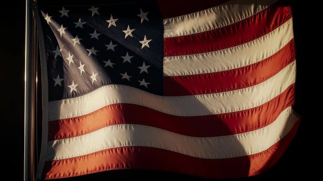 American flag waving powerfully on a tall metal flagpole