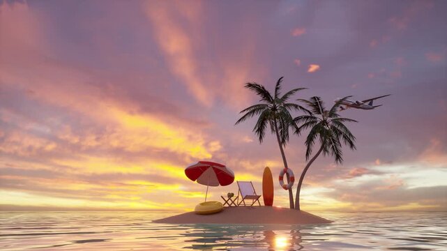 Idyllic tiny tropical island with palm tree, red beach umbrella, beach chair, and surfboard at a glowing sunset over calm ocean water. Perfect for summer, vacation, travel, and holiday content.