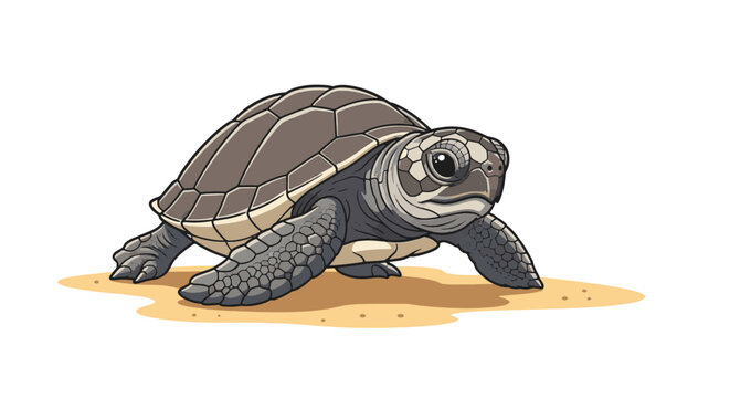 Vector illustration of a tiny hatchling sea turtle crawling across a textured sandy beach toward the ocean, showing detailed shell patterns and flipper tracks on the sand.