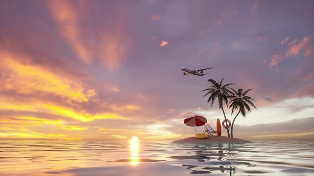 Idyllic tiny tropical island with palm tree, red beach umbrella, beach chair, and surfboard at a glowing sunset over calm ocean water. Perfect for summer, vacation, travel, and holiday content.
