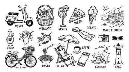 Fototapeta premium Set of handdrawn italian vacation icons