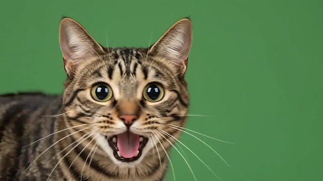 Cute tabby cat with wide eyes and open mouth meowing expressively against vibrant green screen