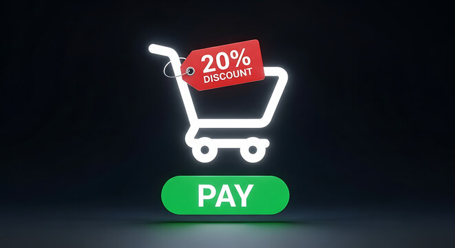 Shopping cart with 20 percent discount tag and pay button on dark background