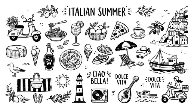 Hand drawn doodle set of italian summer elements