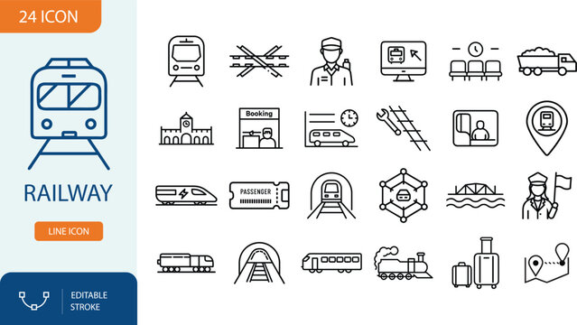 Railway and Train Line Icons Set, Public Transit and Metro Outline Symbols. Vector Illustration